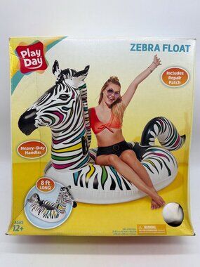 Play Day Zebra Inflatable Pool Float With Heavy-Duty Handles 8 Ft Long Includes